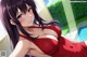 Anime girl in a red dress posing by a pool.